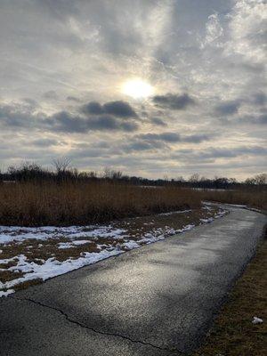 The walking path is plowed in winter