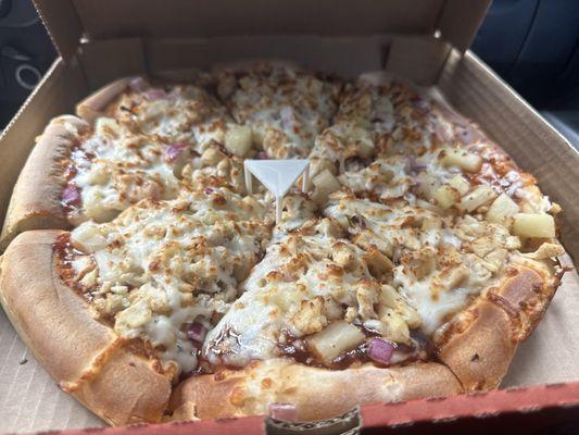 Sicilian crust, honey BBQ sauce with chicken, pineapple and red onions!