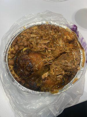 Stew chicken, baked chicken, rice and beans and red beans