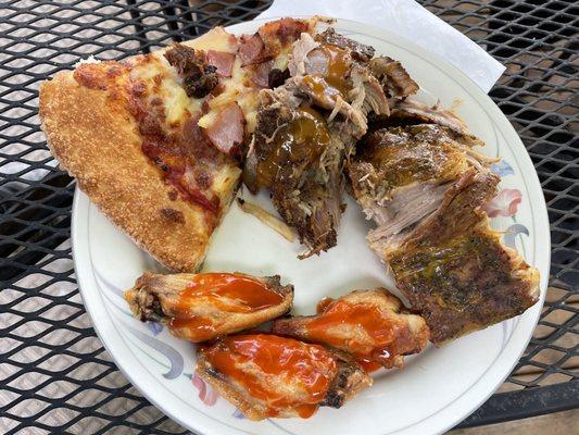 Large Premium Hawaiian Pizza, Buffalo wings, smoked  bbq ribs with Texas sauce and Carolina BBQ Sauce