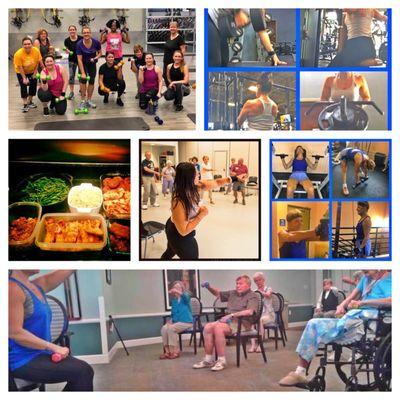 Photo collage of my work with the seniors at StoryPoint, cooking tips, and some group and individual workout sessions.