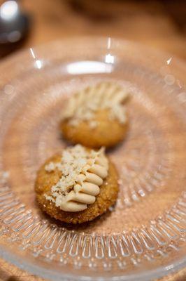 Macadamia Nut Cookie w/ white chocolate ganache (part of 11 course "Let Us Cook For You" $85/ea)