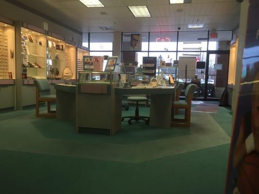 The front of the office displays many eyeglasses and sunglasses.