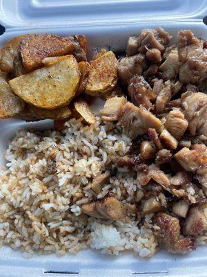 Bourbon chicken , spicy rice and spicy potatoes