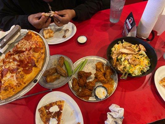 14" Cheese Pizza, 15 Pack Traditional Wings, Chicken Caesar Salad