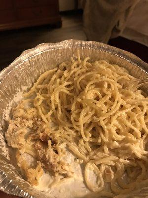 'Chicken fettuccini Alfredo'. Featuring little chicken gristle chunks. And spaghetti noodles.