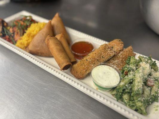 Catering Special Menu with Panko Crusted Fish, Veggie Samosas, Spring Rolls and Penne Pesto Parmesan Pasta Salad