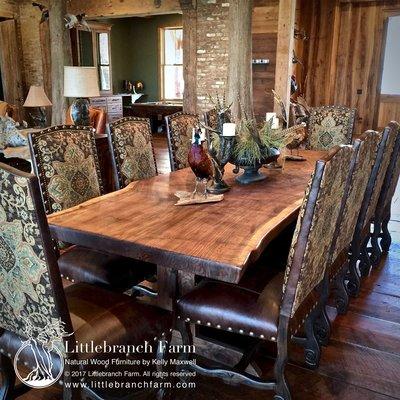 Solid raw edge wood slab dining table. This claro walnut wood slab is a live edge table.