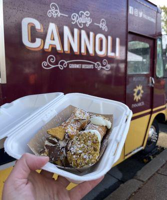 Pistachio cannoli, sponge candy cannoli, food truck