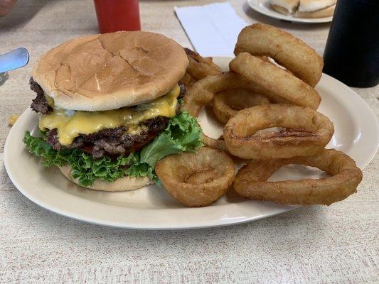 Double cheeseburger and onion rings.