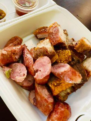 Sausage mixed with crispy pork belly