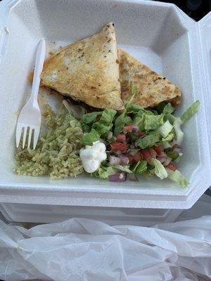 Quesadillas with cilantro rice and fresh salad toppings