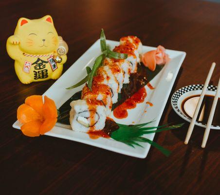 Crab Rangoon Roll - Crab, Cream Cheese, topped with Sweet Chili Sauce (deep fried)