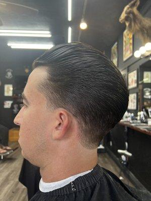 Low fade with shear work on top