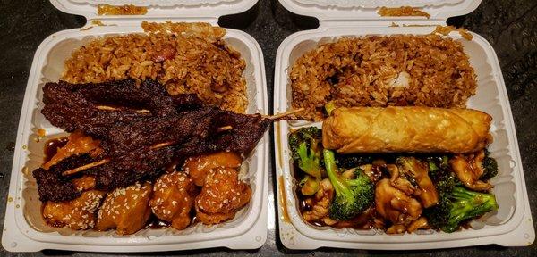 Sesame chicken + teriyaki sticks & chicken broccoli + egg role combination meals w/ pork fried rice