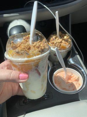 Fruit cups and a tropical fruit scoop.