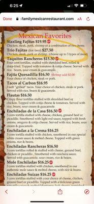 Menu showing trio fajitas for TWO