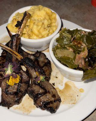 Lamb chops , Greens , Mac & Cheese.