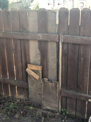 Fence damage by their tenant's dog never repaired.