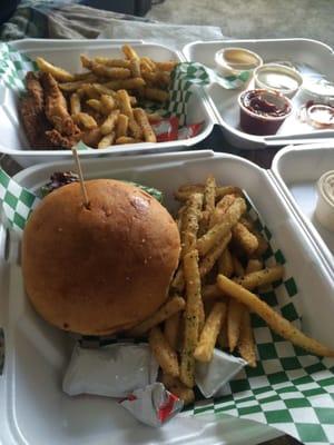 Umami burger, chicken tenders with parm fries