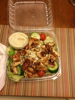 Greek salad with grilled chicken...my favorite! Chicken is deliciously seasoned and the Greek dressing is so good!