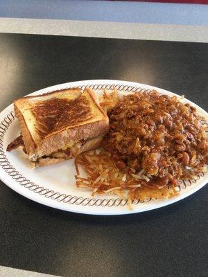 Waffle House Chicken Melt with a double order of Hashbrowns topped with Chili