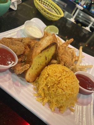 Fried Shrimp with Mexican rice and crispy fries.