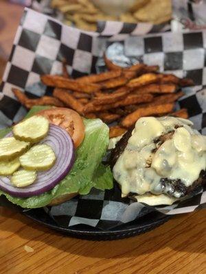 Mushroom Swiss Burger w/ Sweet Potato fries