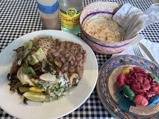 Sophie's Taco Plate with spicy homemade salsa. Tortillas are served separately and very delicious.