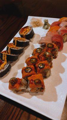 Volcano Roll, Rainbow Roll and Red Dragon Roll