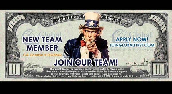 Join our team apply at Joinglobalfirst.com