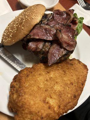 Pastrami burger and potato pancake