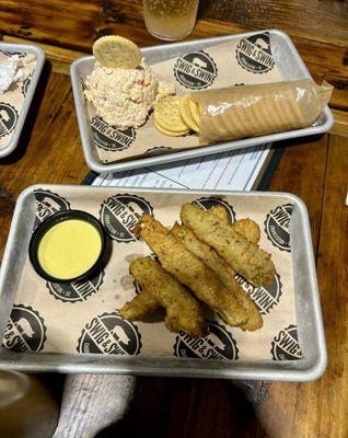 Pimento cheese with ritz and fried pickles