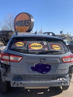 Back bumper cover was totally damaged by Midas touch, yet they refused to fix.