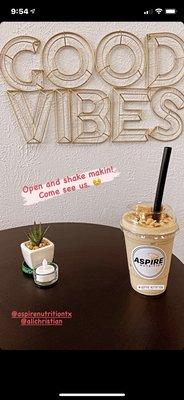 Good Vibes seating area with healthy Shake