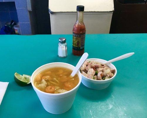 Sopa de mariscos and octopus salad.