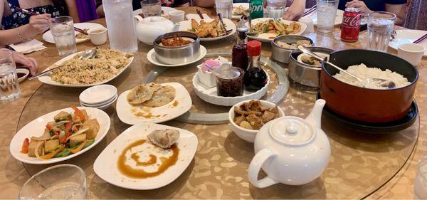 Pork and leek dumplings, deep fried tofu, pan fried dumplings, tripe in brown sauce, chicken feet