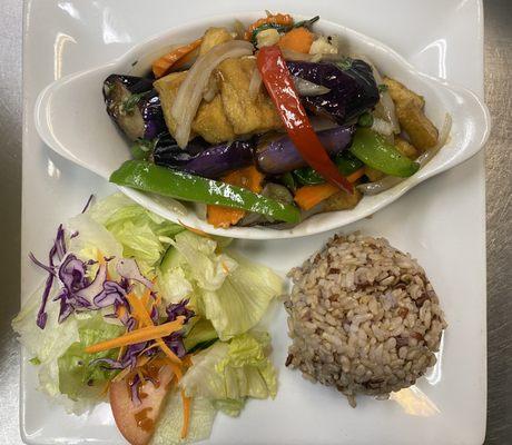 Lunch Eggplant Basil Tofu with Brown Rice.