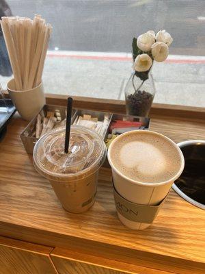 Iced vanilla lavender oak milk latte & regular hot latte