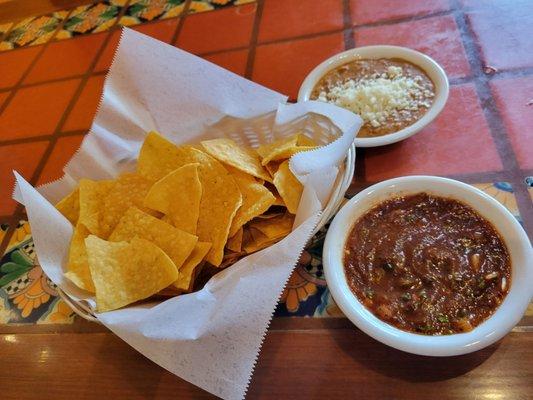 Complimentary Chips, refried beans and salsa