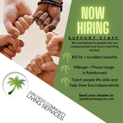 San Diego Community Living Services is seeking Support Staff, part-time and full-time, with flexible scheduling!