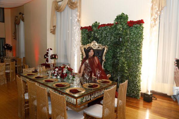 Venue beautifully decorated with theme colors of burgundy and gold!