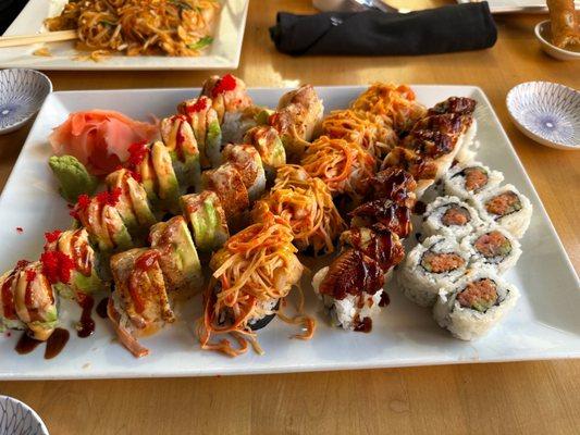 Left to right: Red dragon roll, TNT roll, Volcano roll, Snake Roll, Spicy Tuna Sushi Roll