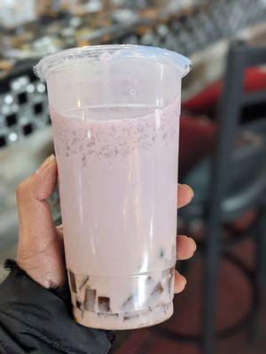 Taro milk tea with tapioca pearls and coffee jelly Sweet on sweet