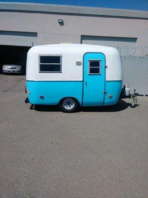 1978 Scamp travel trailer complete wrap in gloss white and sky blue.