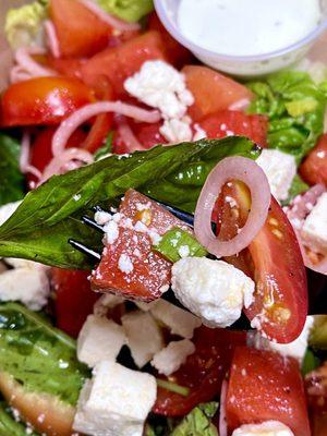 Tomato & Watermelon Salad - Baby gem lettuce, feta cheese, basil, olive oil, green chili-buttermilk dressing, pickled shallots