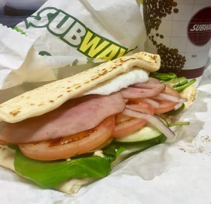 Breakfast sub - egg white, flatbread and black forest ham.