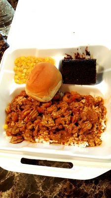 Crawfish effouffee with corn, bread and chocolate cake