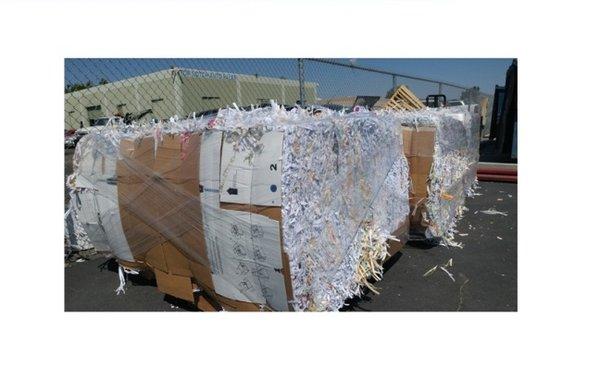 Shredded paper baled and ready for recycling.