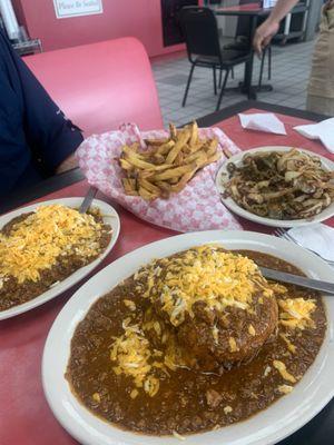 Chili 3 way, chili cheeseburger, SMALL order of fries....